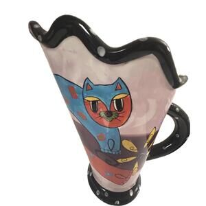 Hand-Painted Cat Pitcher Folk Art Mitton & Lewis Whimsical Ceramic Vase 1990